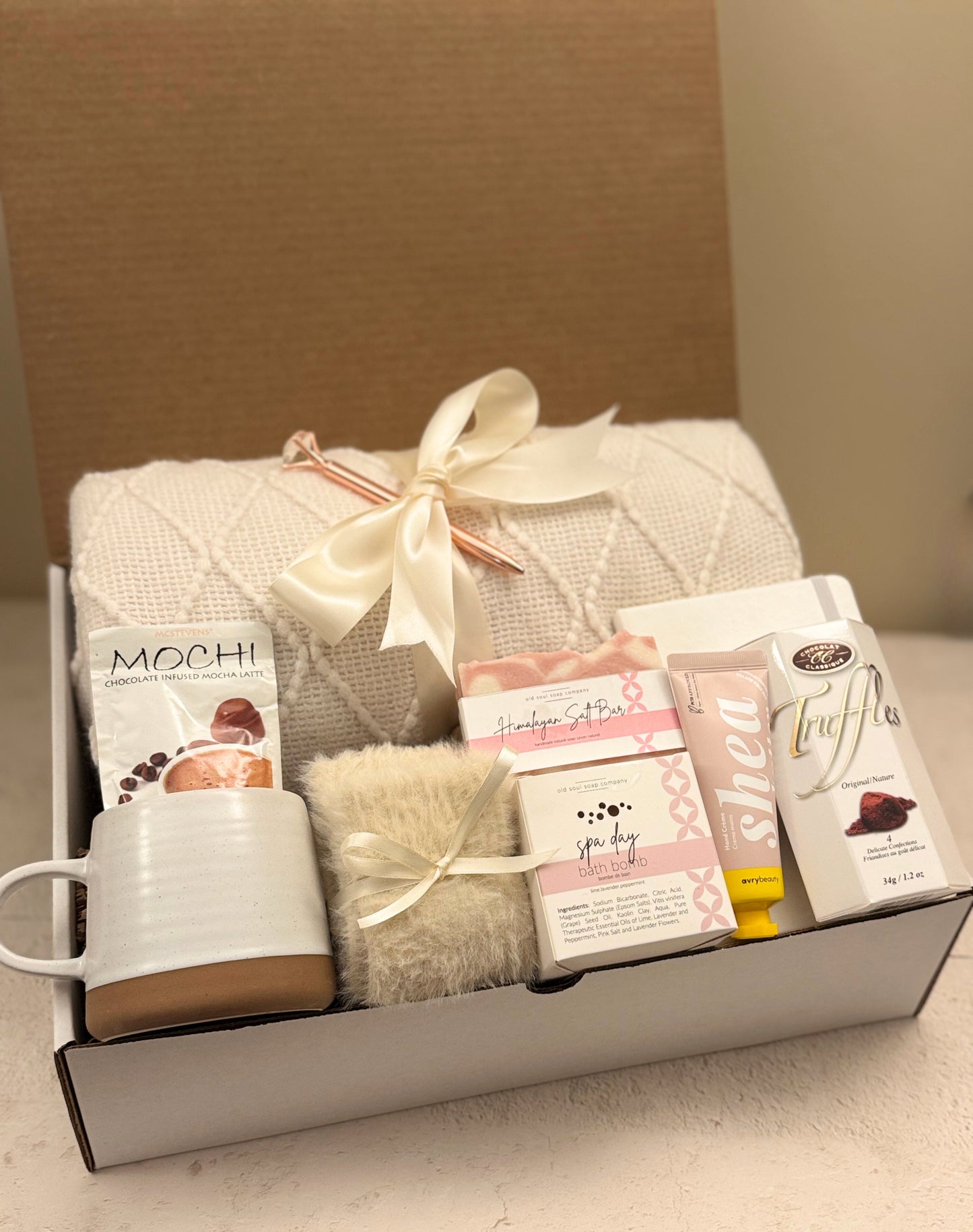 Cozy Hygge Gift Box With Blanket, Personalized Self Care Package For Her, House Warming Gift Set - Cream