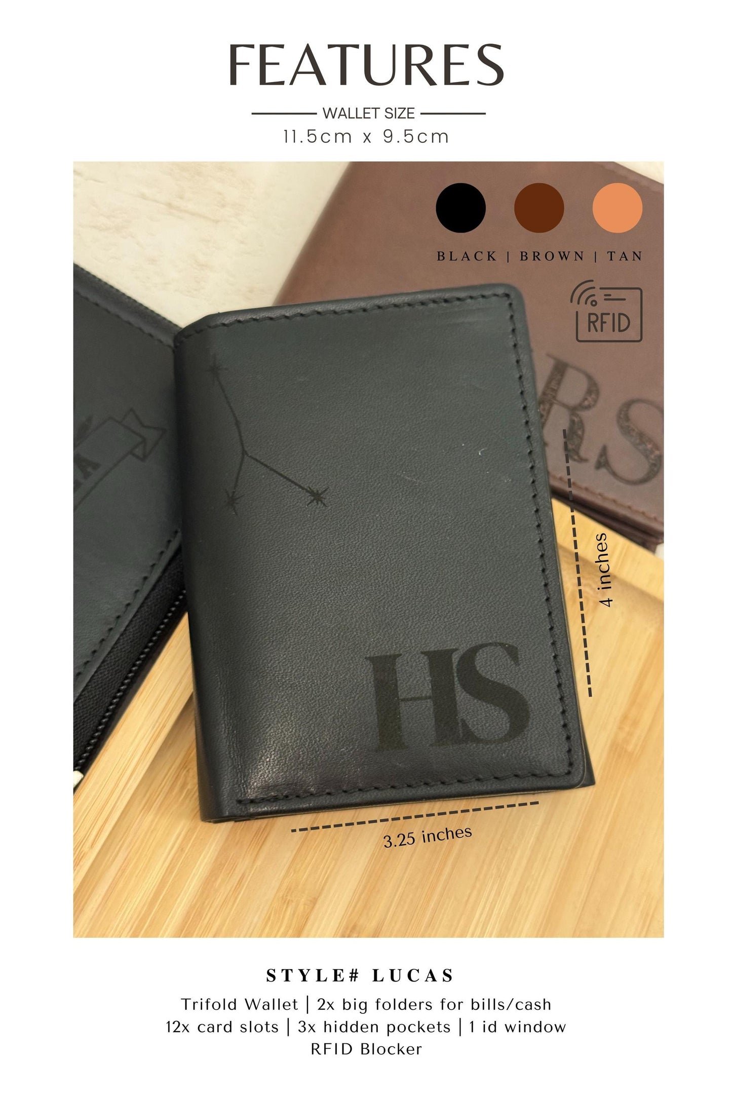 Personalized Leather Wallet for Men Birthday Present for Dad Custom Name Card Holder with Pocket for Cash Leather Case Engraved Message Gift