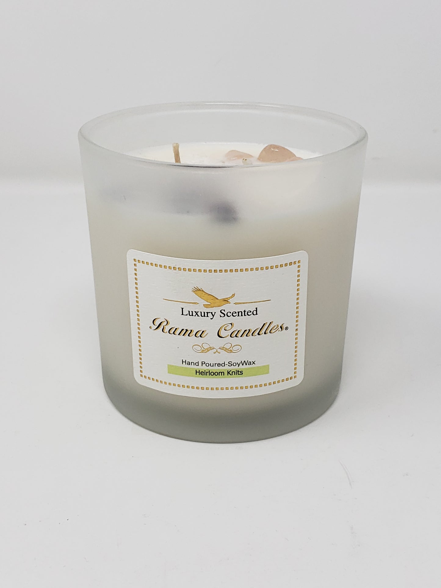 Hand Poured-Heirloom Knits Soy Candle with rose petals and crystal stone