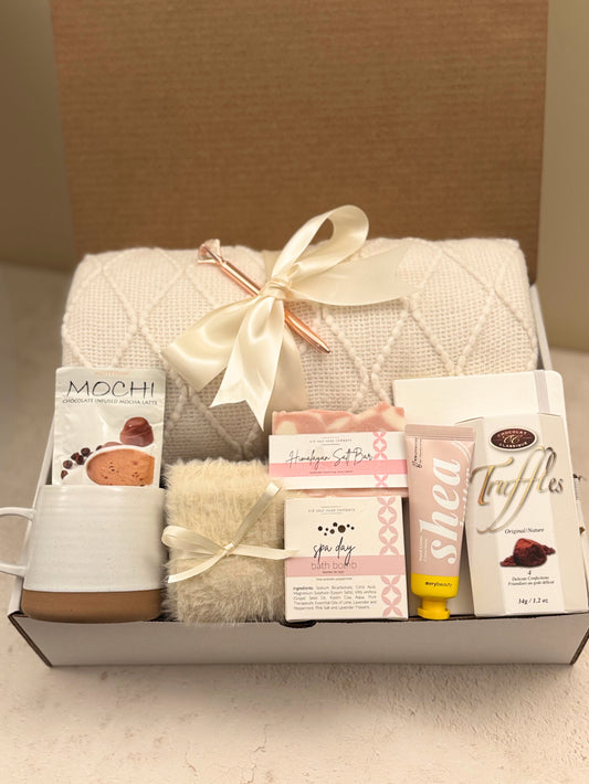Cozy Hygge Gift Box With Blanket, Personalized Self Care Package For Her, House Warming Gift Set - Cream