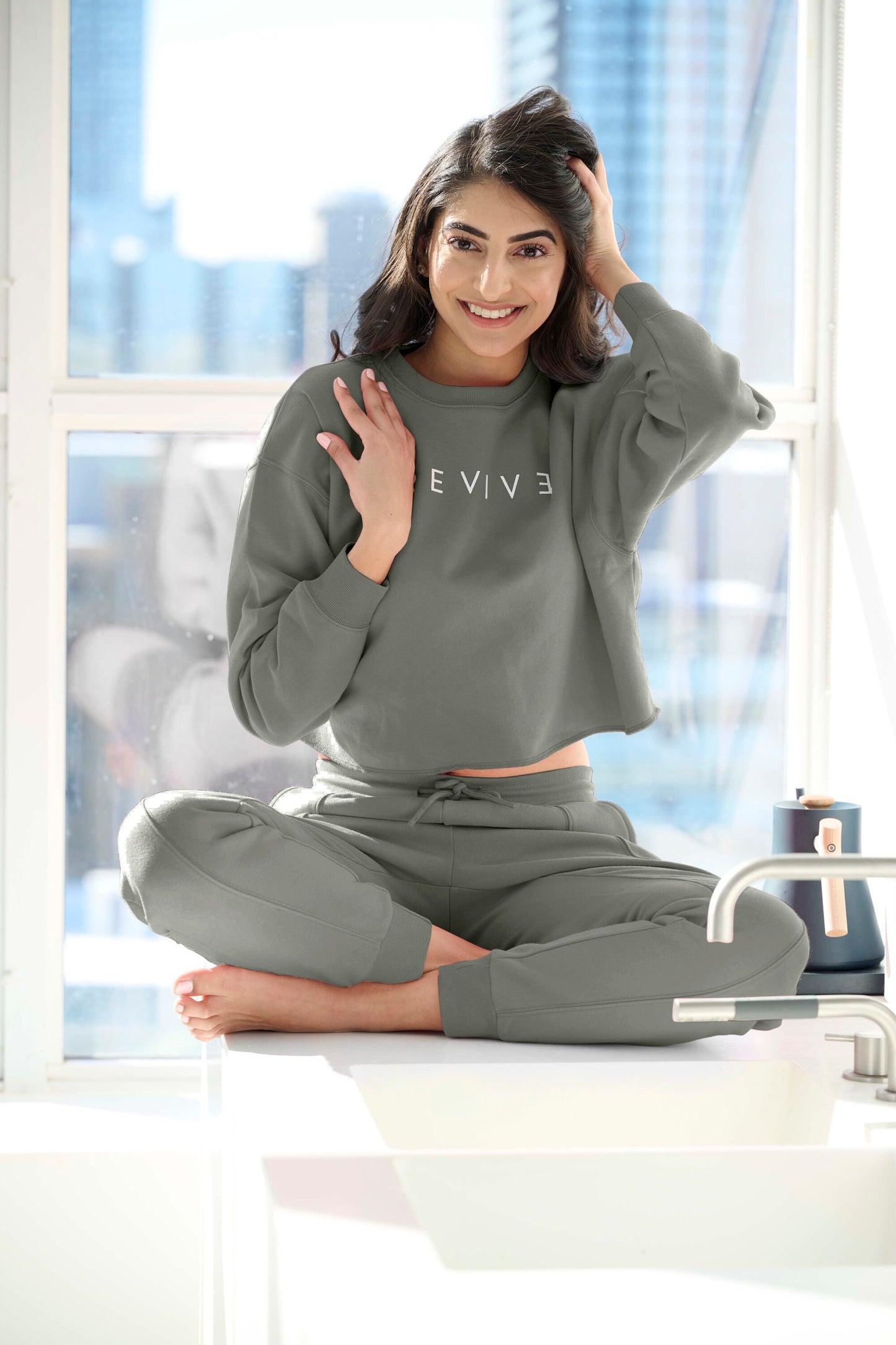 Women Tracksuit Crop Sweatshirt Jogger Sweatpants Set Two Piece Matching Sweatsuit Women Loungewear Revive Personalizable Travel Lounge Set