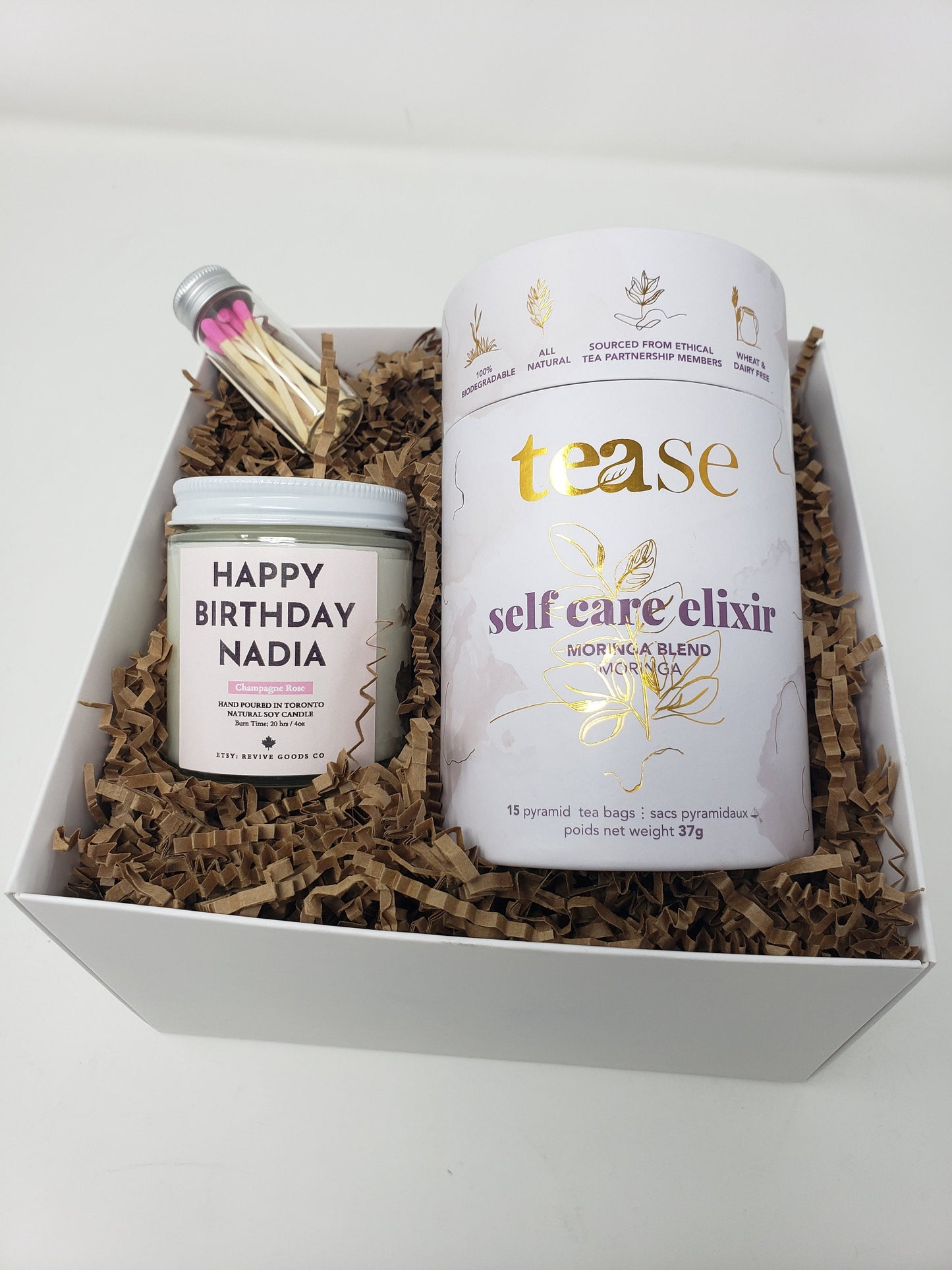 Personalized Candle Gift Box Tea Gift Set Self Care Gift Basket Pampering Gift Birthday Housewarming Gift Women Care Package Custom Gift Her