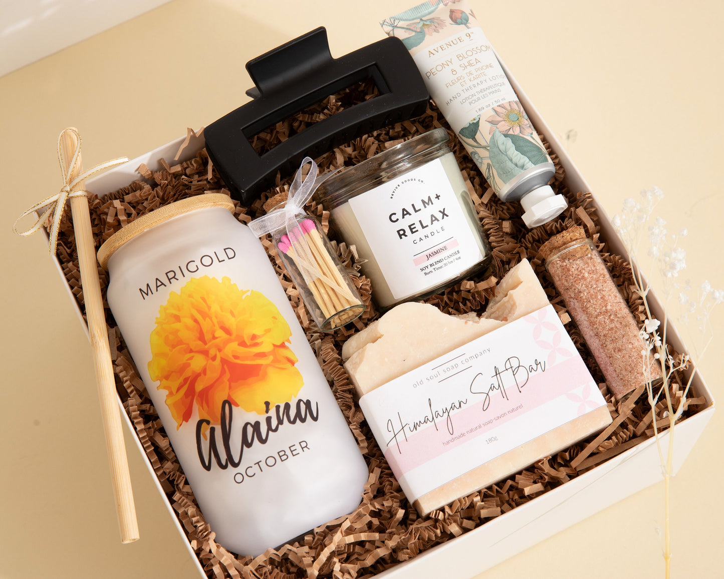 Birth Flower Birthday Gift Box with Personalized Glass Cup Her Birthday Present Friend Bday Gift Basket Mom Custom Name Gift Birth Flower
