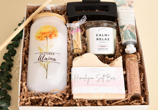 Birth Flower Birthday Gift Box with Personalized Glass Cup Her Birthday Present Friend Bday Gift Basket Mom Custom Name Gift Birth Flower