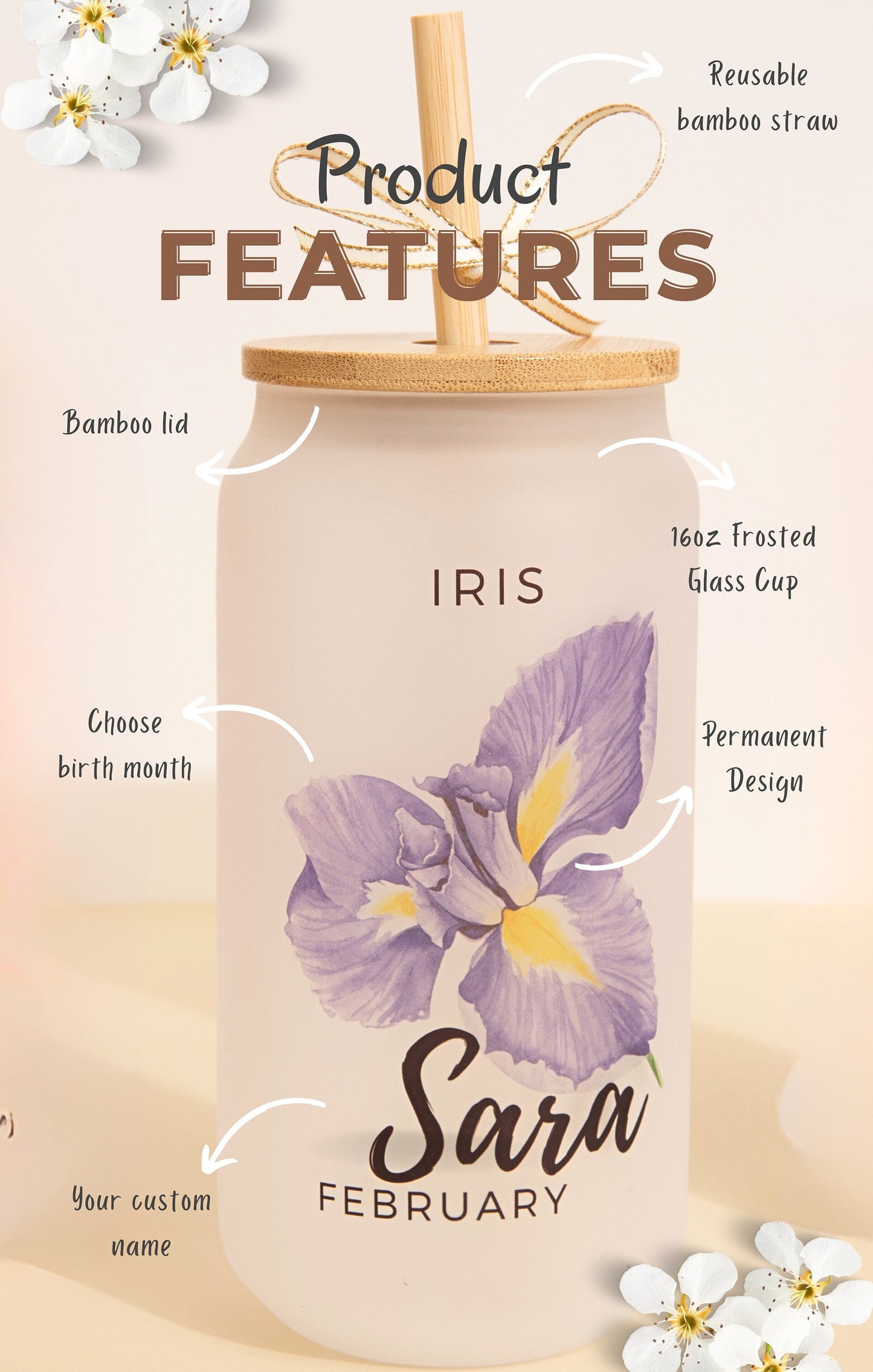 Custom Name Birthday Tumbler Gift Personalized Birth Month Flower Glass Cup Birthday Gift Birth Month Flower Tumbler with Birth Flower Cup
