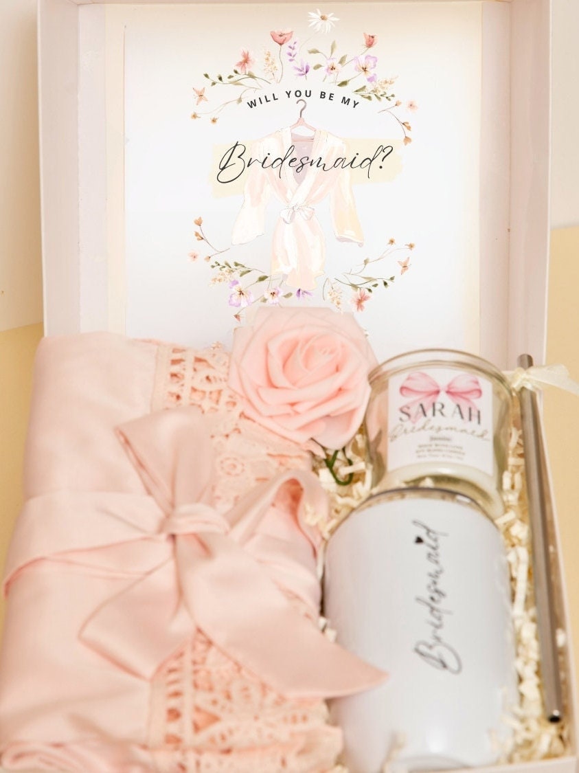 Bridesmaid Personalized Proposal Wedding Gift Box Custom Robe With Wine Tumbler Bridesmaid Gift Set Best Friend Thank You Gift Idea Basket