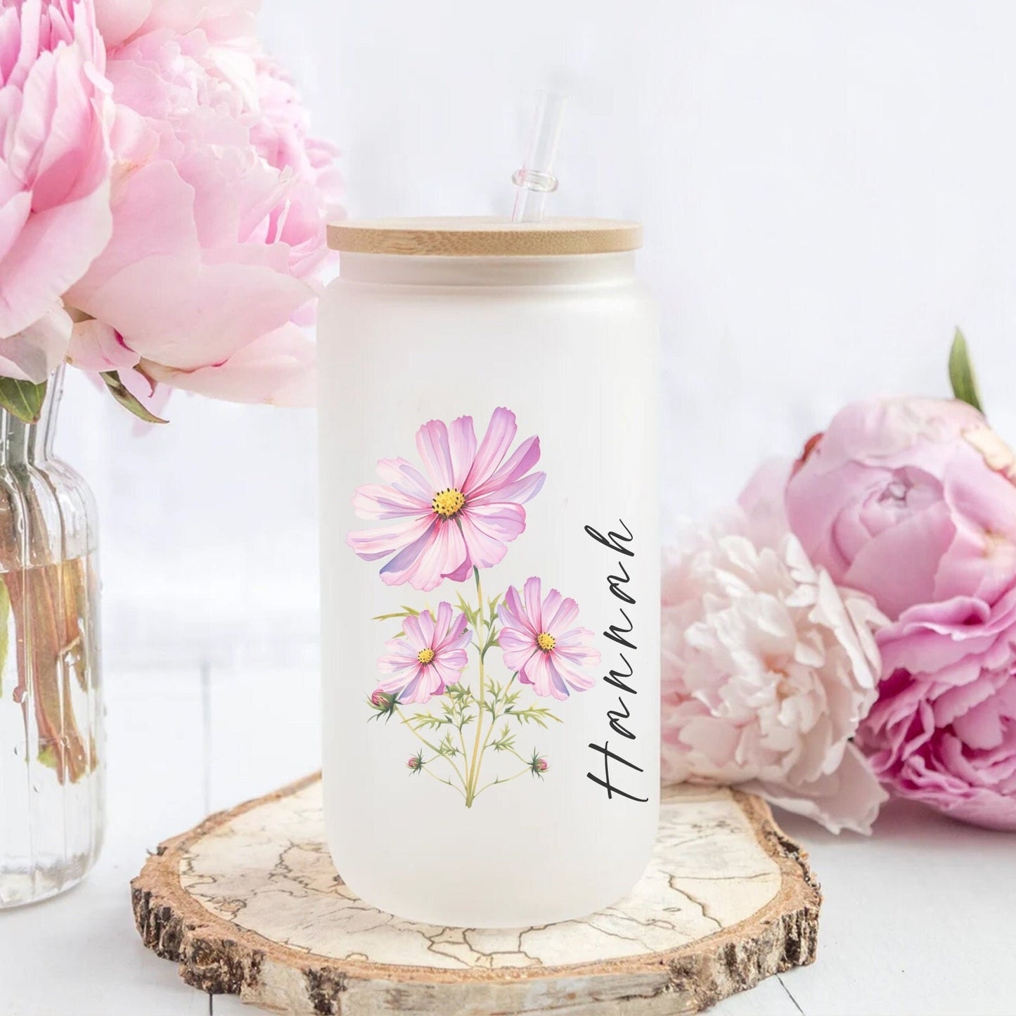 Personalized Birth Month Flower Glass Tumbler Gift Her Custom Bridesmaid Glass Cup Tumbler For Best Friend Birthday Birth Flower Gift Idea