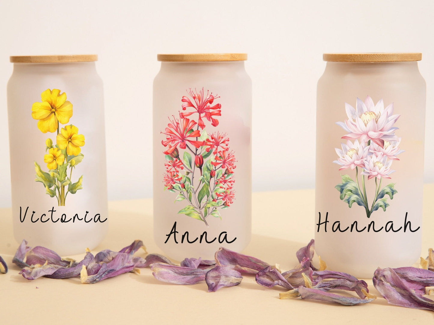 Personalized Birth Month Flower Glass Tumbler Gift Her Custom Bridesmaid Glass Cup Tumbler For Best Friend Birthday Birth Flower Gift Idea