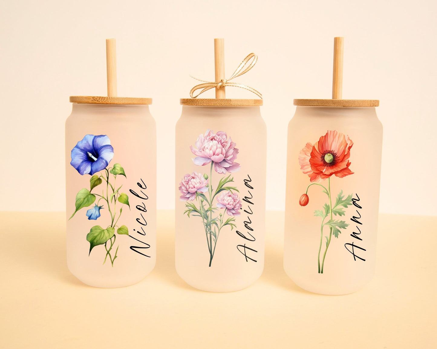 Personalized Birth Month Flower Glass Tumbler Gift Her Custom Bridesmaid Glass Cup Tumbler For Best Friend Birthday Birth Flower Gift Idea