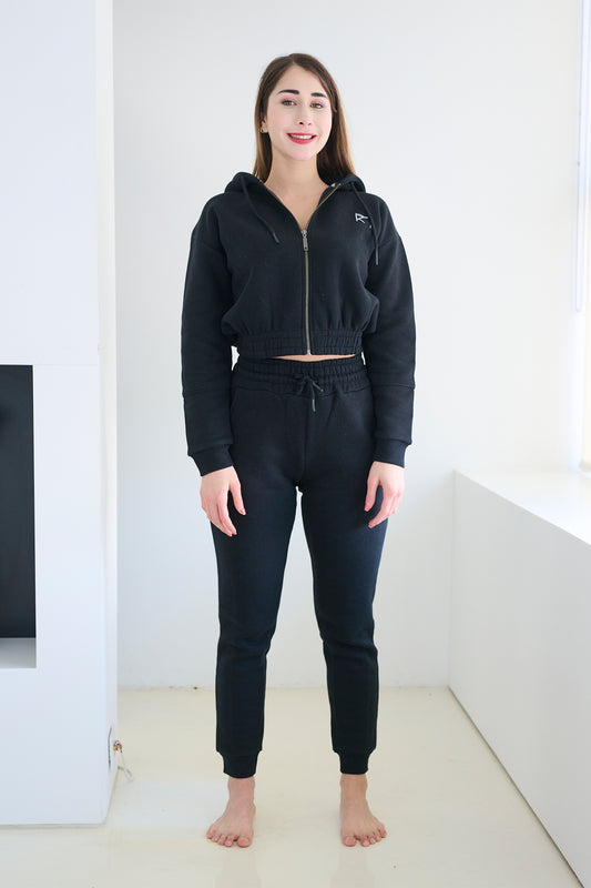 Two Piece Lounge Set - Cropped Zip Hoodie + High-waisted jogger-Black