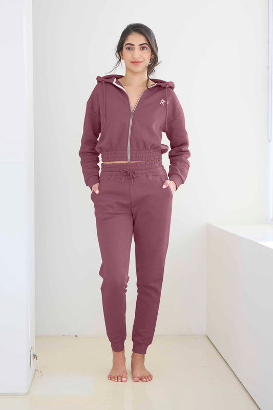 Two Piece Lounge Set. Cropped Zip Hoodie + Jogger - Mauve