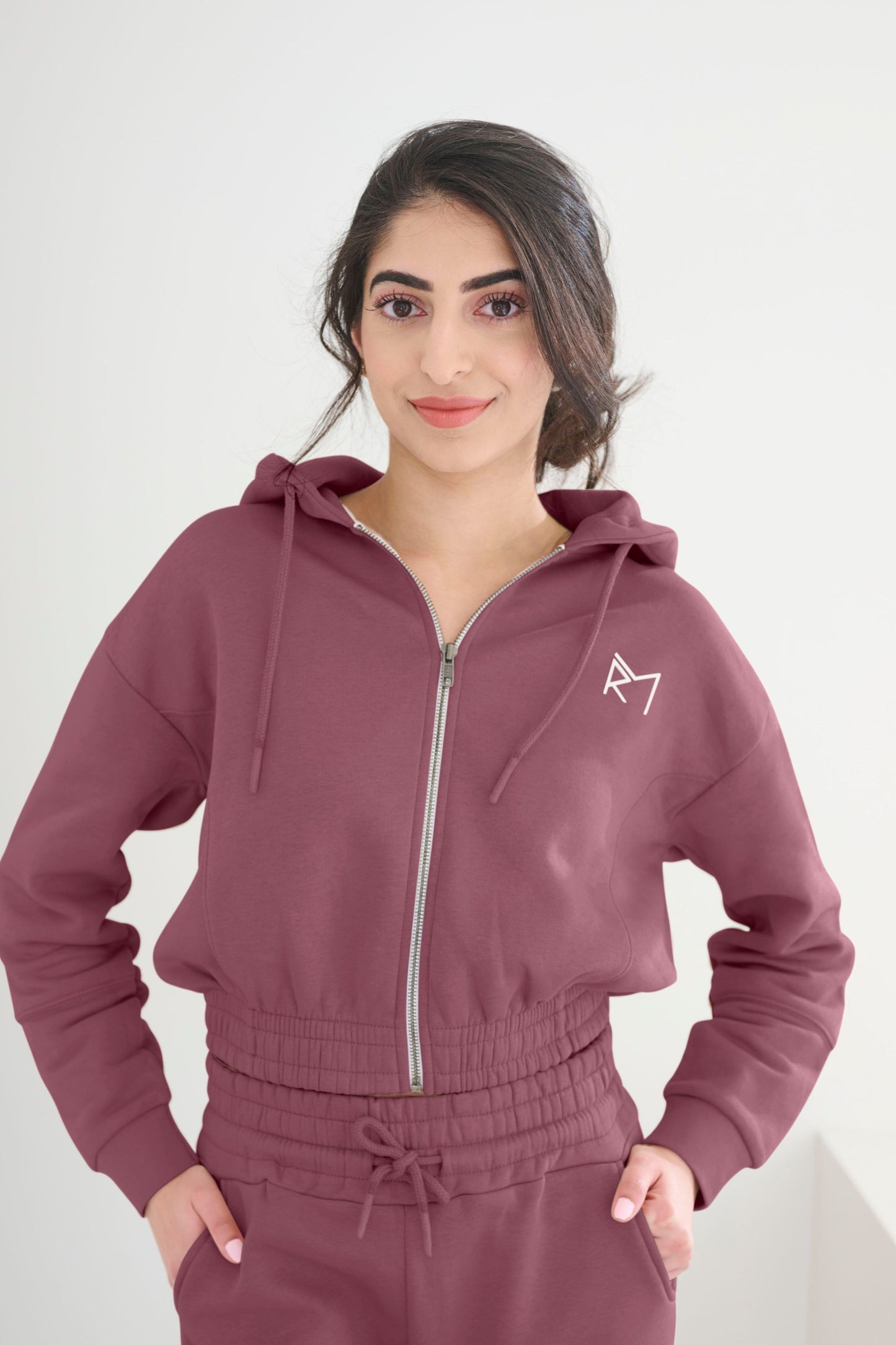 Two Piece Lounge Set. Cropped Zip Hoodie + Jogger - Mauve