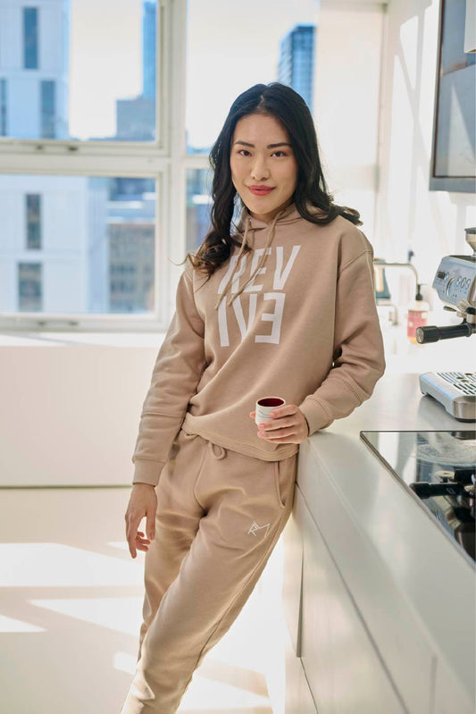 Two Piece Lounge Set. Hooded Sweatshirt + Jogger - Taupe