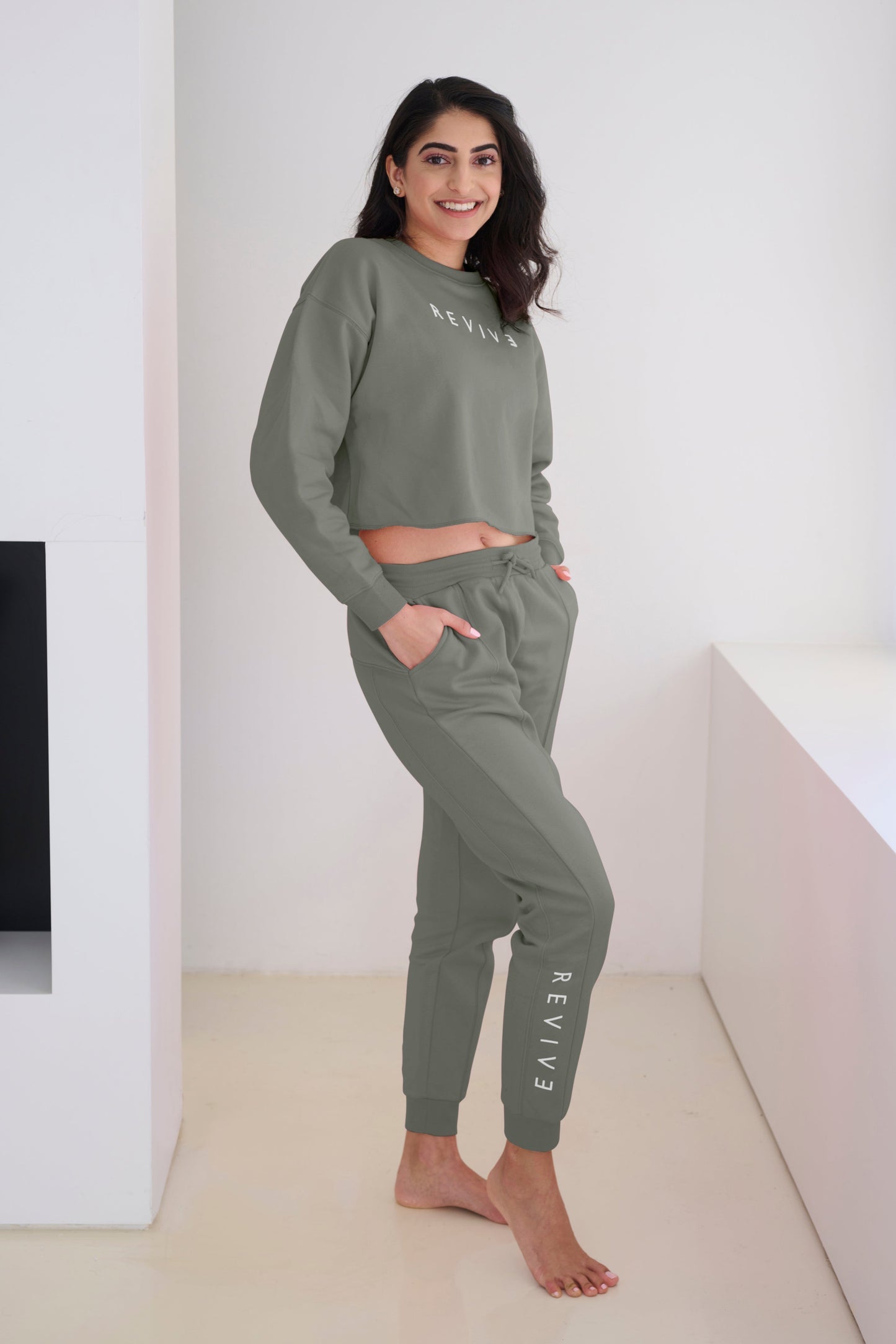 Two Piece Lounge Set. Cropped Sweatshirt + Jogger - Khaki