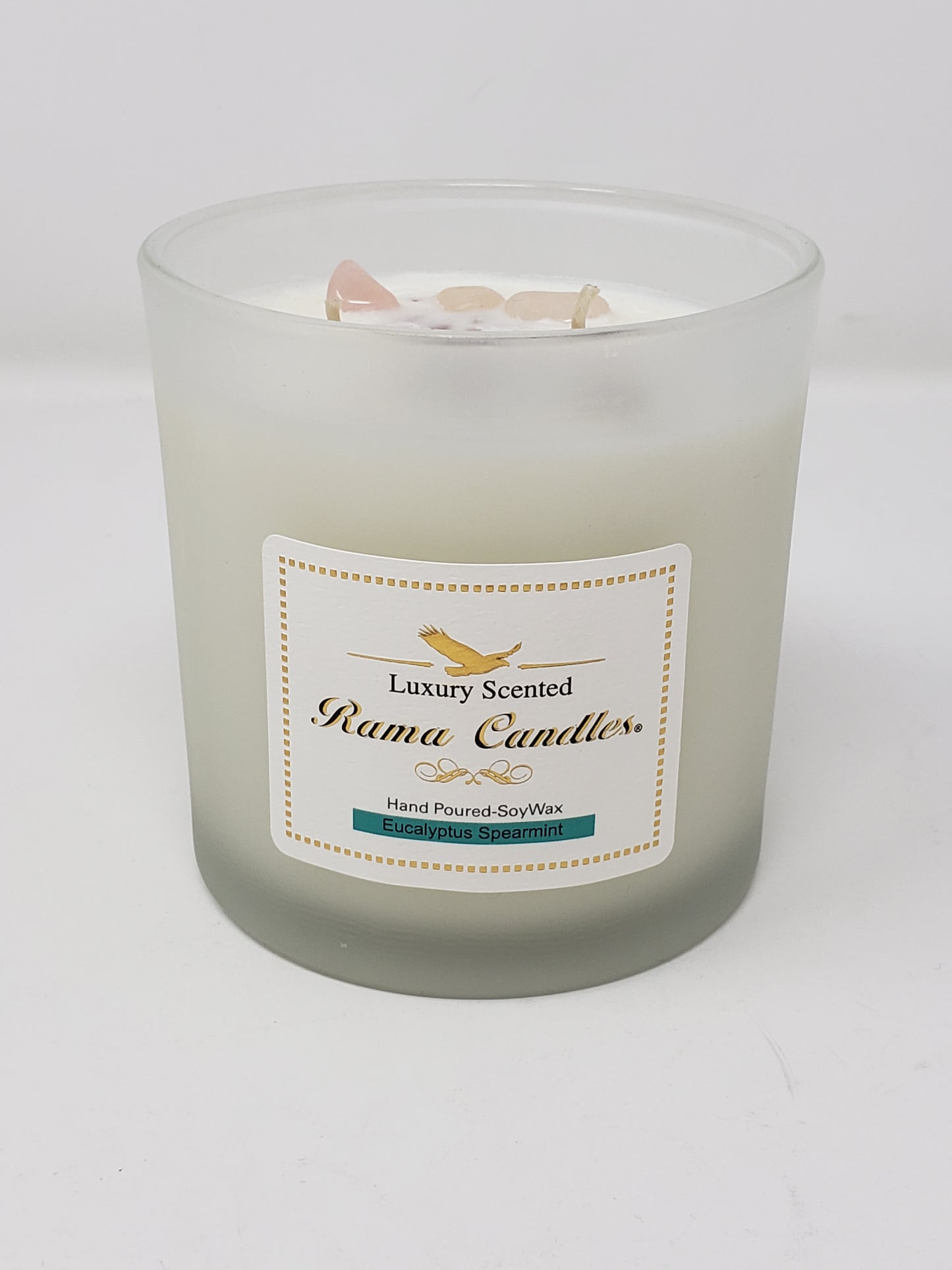 Hand Poured-Eucalyptus Spearmint Soy Candle with rose petals and crystal stone